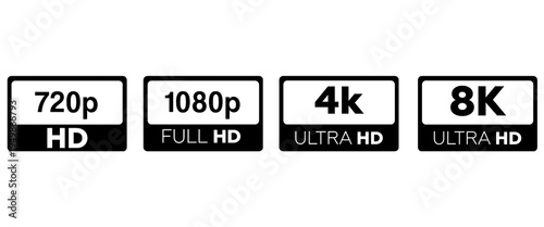 Video Resolution Labels Set, 720p 1080p 4K 8K Ultra HD Quality Icons Collection
