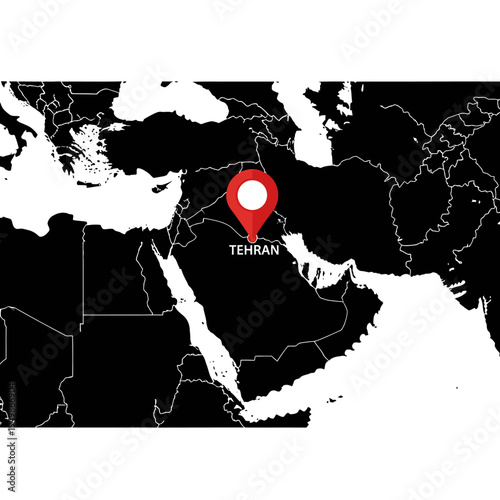 Tehran's location on middle east map with red pinpoint depicting capital city's position