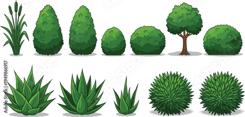 bushes, plants, shrubs, trees, garden, greenery, nature, foliage, botanical, landscape, leaves, collection, set, decoration, outdoor, green, vegetation, illustration, landscaping, design