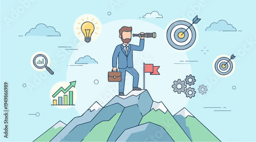 Businessman Standing on Mountain Peak Using Binoculars for Strategic Planning and Goal Achievement in a Business Success Concept
