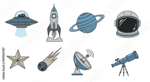 Space objects and astronomy equipment icons 2.