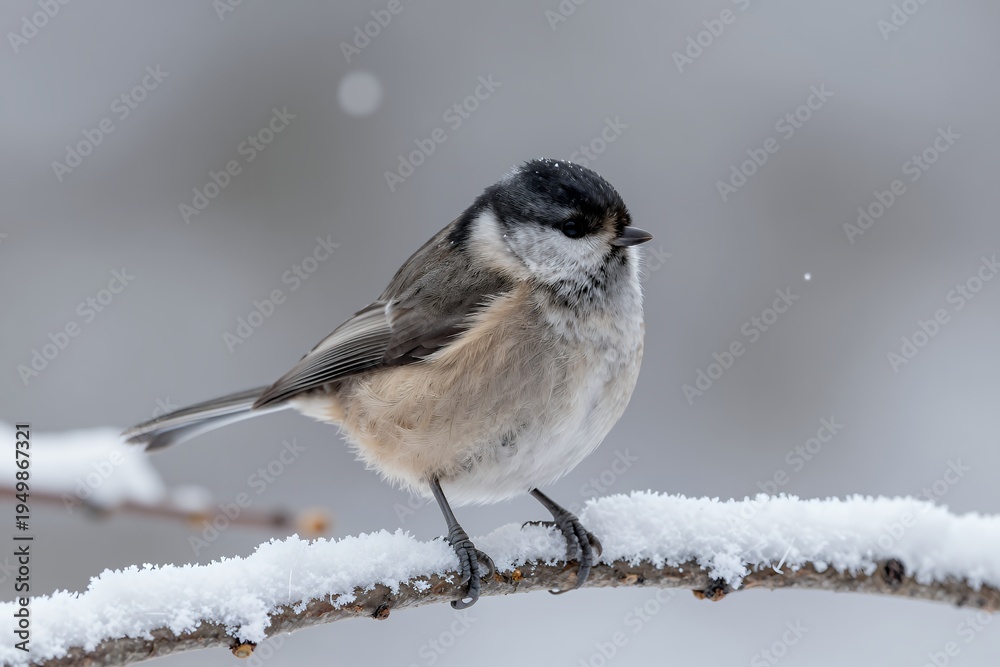 Obraz premium Small Bird Perched on a Frosty Snow-Covered Branch in Winter with Blurred Background