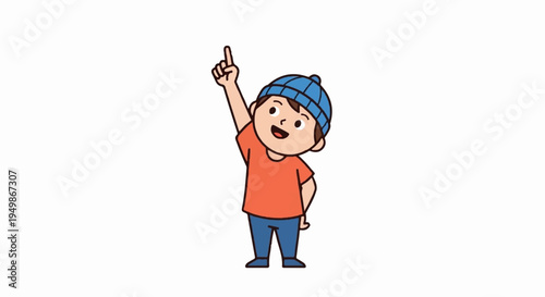 Cheerful cartoon boy pointing upwards with excitement and enthusiasm in a colorful outfit