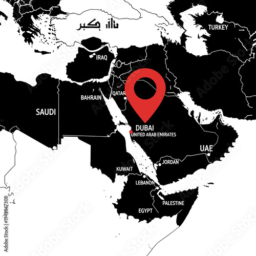 Dubai on world map highlighting the strategic location of the United Arab Emirates and the Middle