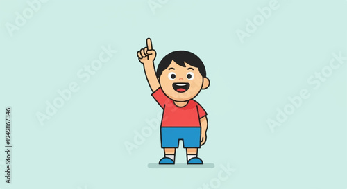 Happy cartoon boy pointing upwards with index finger on light blue background