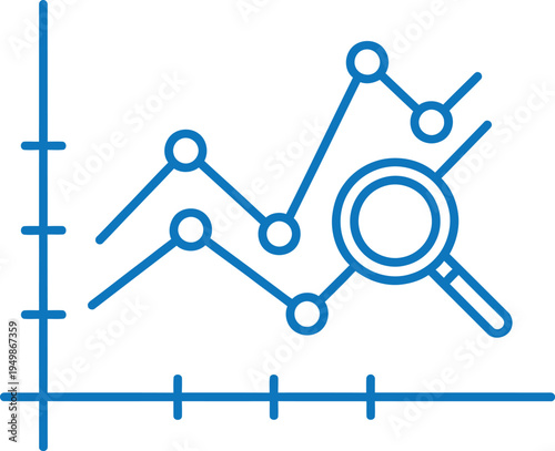 A line graph with a magnifying glass on a white background for data analysis