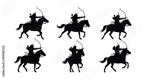 Silhouette of mounted samurai archers preparing to release arrows