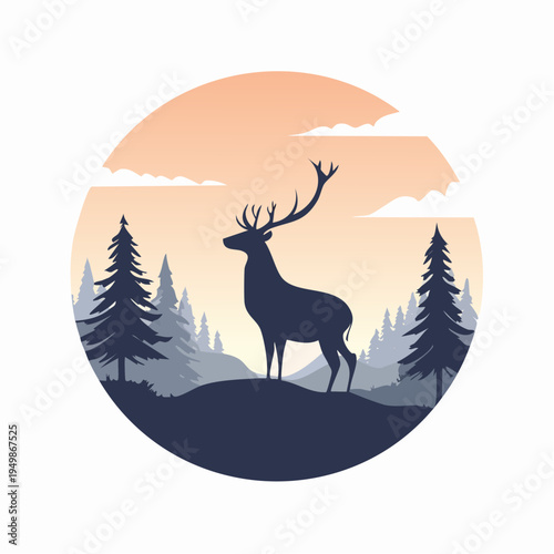 Majestic deer silhouette against a serene sunset in a tranquil forest landscape