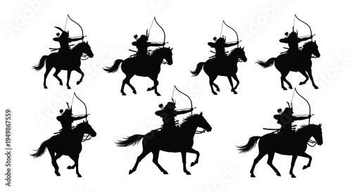 Silhouette of mounted samurai archers preparing to release arrows