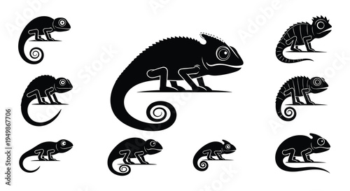 Stylized black silhouettes of chameleons in various poses and sizes