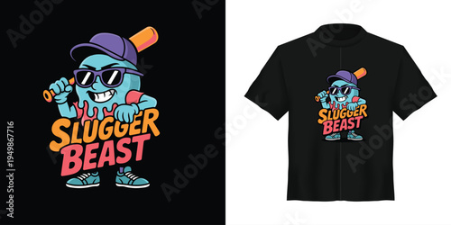 Cool Blue Cartoon Ice Cream Character with Baseball Bat and Cap, Wearing Sunglasses, with "Slugger Beast" Text, Vector Illustration for T-Shirt Design
