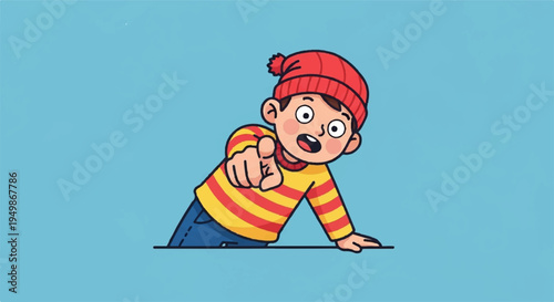 Smiling cartoon boy in red hat and yellow striped shirt pointing at viewer on blue background with playful gesture and surprised expression