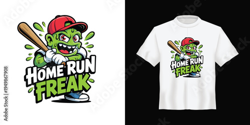 Cartoon Green Monster Baseball Player Mascot Vector Illustration with "Home Run Freak" Text for Sports Apparel and Merchandise Design