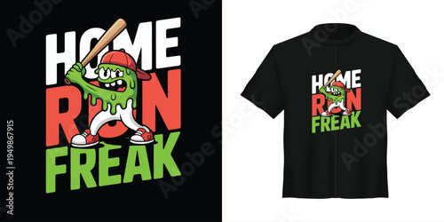 Home Run Freak baseball monster character vector illustration for t-shirt design, apparel print, poster, and sports branding with slime creature holding a bat