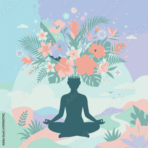 Woman meditates in peaceful environment.