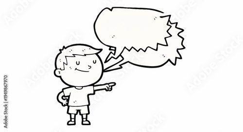 A cartoon boy pointing and speaking with a speech bubble on a plain white background with a thoughtful expression