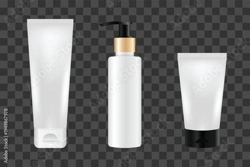 Cosmetic lotion bottle and tube packaging mockup skincare beauty product branding vector illustration