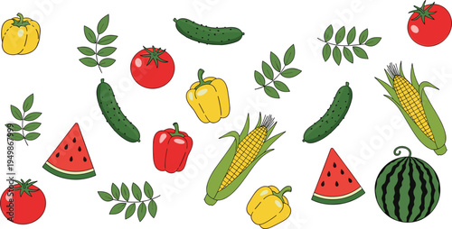 Vibrant Hand Drawn Vector Pattern Featuring Summer Vegetables and Fruit Including Watermelon Tomatoes Corn Cucumbers and Peppers for Healthy Organic Food Design