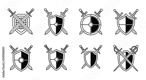 Collection of heraldic shields and crossed swords in black and white