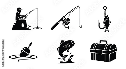 Black and white icons depicting fishing equipment and a fisherman