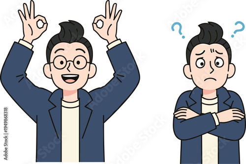 cartoon, man, okay, gesture, confident, happy, confused, worried, expression, emotion, comparison, character, body, language, illustration, thinking, doubt, decision, concept, reaction