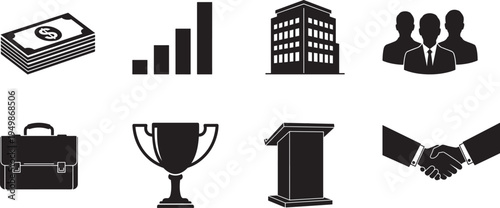 Business and finance icons featuring various symbols of success and growth.