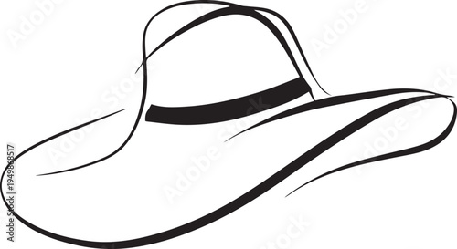 Hand Drawn Woman Hat Black and White Illustration in Minimal Line Art Style Design