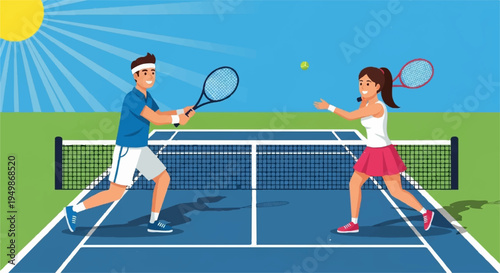 Man and woman playing tennis on outdoor court with racket and ball in sunny weather