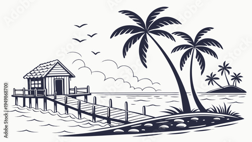 Tropical Island with Wooden Pier and Hut Vector