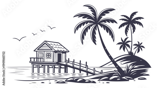 Tropical Island with Wooden Pier and Hut Vector