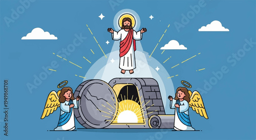 Jesus christ standing on tomb with angels easter resurrection scene blue sky background