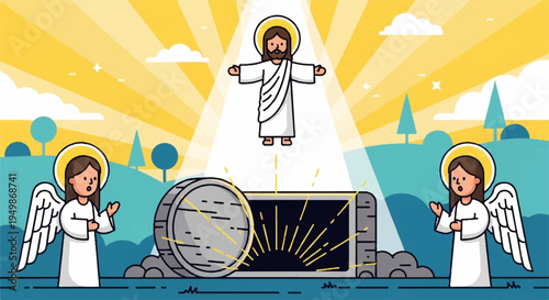 Jesus christ rises from tomb with angels easter resurrection scene with radiant light