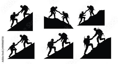 Silhouettes of people helping each other climb a steep hill