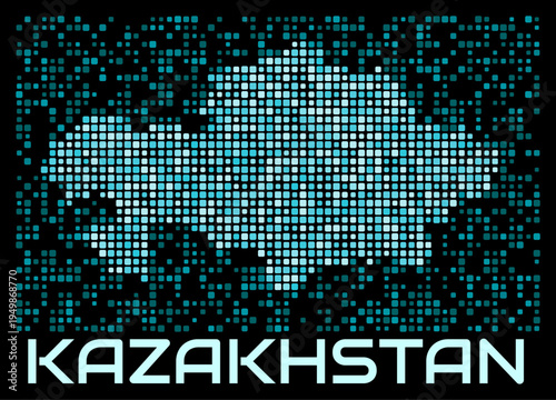 Kazakhstan digital dotted map. Shape of the country in cyan color palette on dark background. Futuristic Kazakhstan map design. Vector illustration.