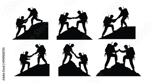 Silhouettes of people helping each other climb a steep hill