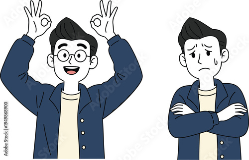 cartoon, man, okay, hand, gesture, confident, happy, confused, worried, expression, emotion, comparison, body, language, illustration, character, thinking, doubt, decision, concept