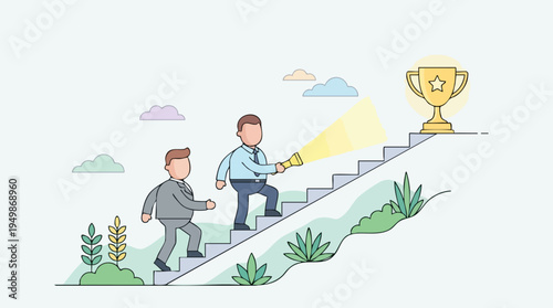 Businessmen climbing stairs towards a golden trophy representing success and achievement in a professional or corporate setting