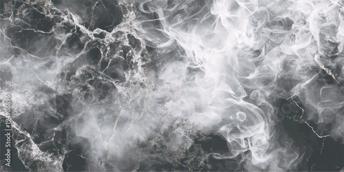 Abstract blue and white motion of water flowing over a dark black background with a smoky texture of mist and clouds creating a stormy nature pattern