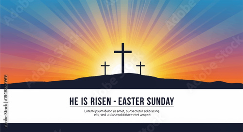 Silhouette of three crosses on hill at easter sunrise with vibrant sky and rays of light