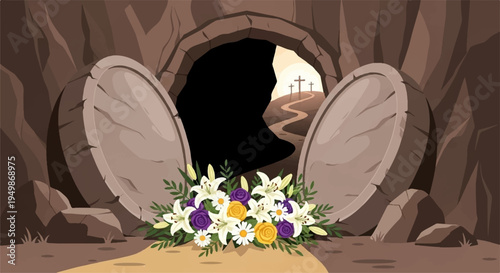Easter tomb with open stone door and colorful spring flowers in front symbolizing resurrection and new life