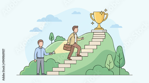 Businesspeople Climbing a Stairs to a Trophy on a Hilltop, Concept of Achievement and Success in Work or Career Growth