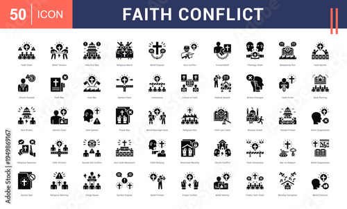 Faith Conflict Icon Set. faith clash, belief tension, holy site riot, religious march, belief dispute and more. Glyph vector icons collection.