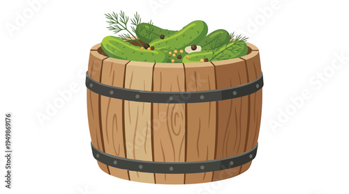 A wooden barrel filled with pickles and herbs on a market stall indoors.