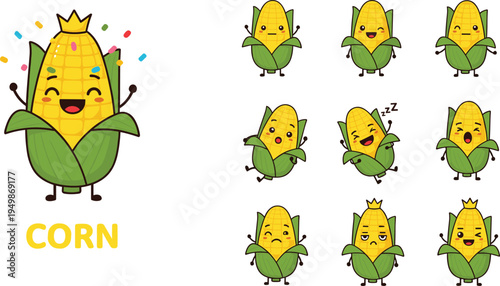 Cute corn cartoon characters set. Kawaii maize mascot with different emotions and poses. Funny vegetable emojis for kids design, food stickers, and playful mascot illustrations.