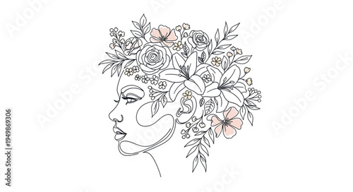 Elegant Woman Profile with Floral Headpiece Line Art.