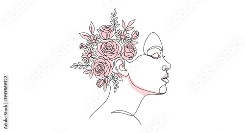 Elegant Woman Profile With Flowers In Her Hair Line Art.