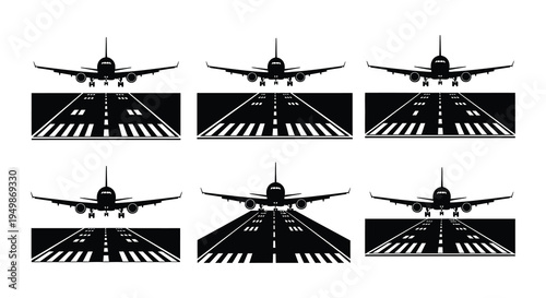Black and white illustration depicting airplanes approaching and departing runways