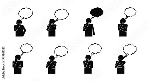 Silhouettes of people thinking with varying thought bubble shapes