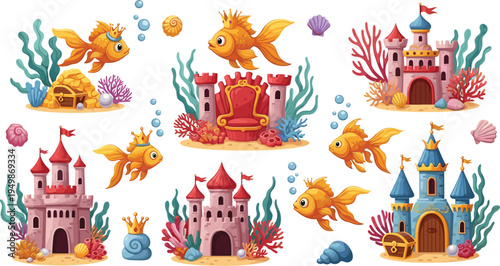 Cute Goldfish Underwater Kingdom Vector Illustration Set Featuring Royal Fish Characters, Coral Reefs, Treasure Chests and Fantasy Sea Castles