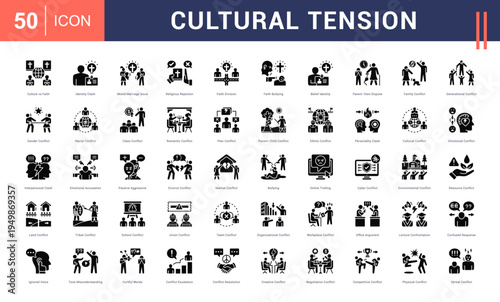 Cultural Tension Icon Set. culture vs faith, identity clash, mixed marriage issue, religious rejection, faith division and more. Glyph vector icons collection.
